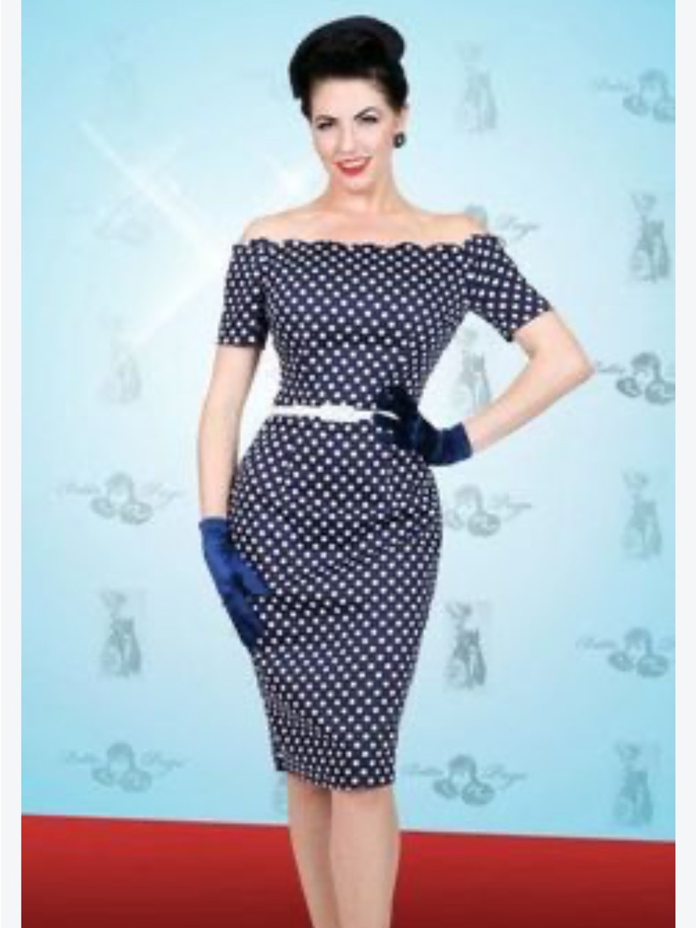 Bettie Page Vintage Style Polka Dot Off-The-Shoulder Wiggle Dress, Navy/Wht, XL